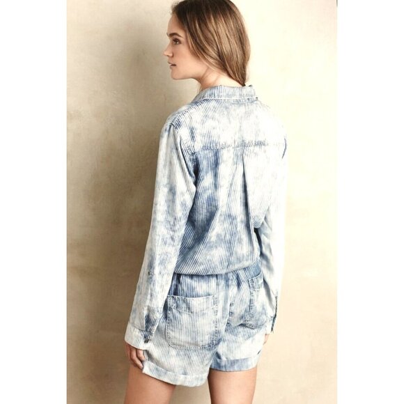 Anthropologie Stella Sky Piper Denim‎ Chambray Striped Shorts Romper Size M New - Picture 2 of 10